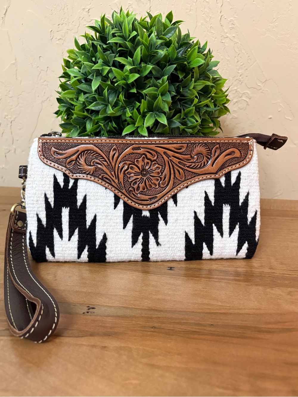 Western B&W Aztec with Tooled Brown Leather Accent WRISTLET